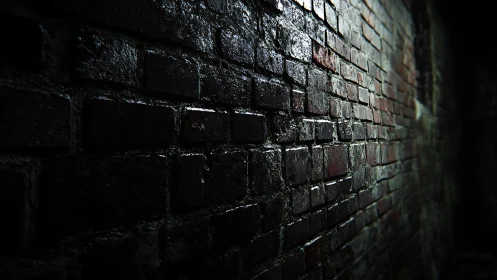 Wet brick alley wall catches low raking light dramatically