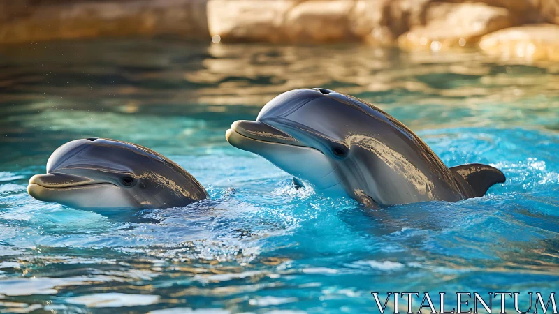 Bottlenose dolphins swimming in bright turquoise pool water.