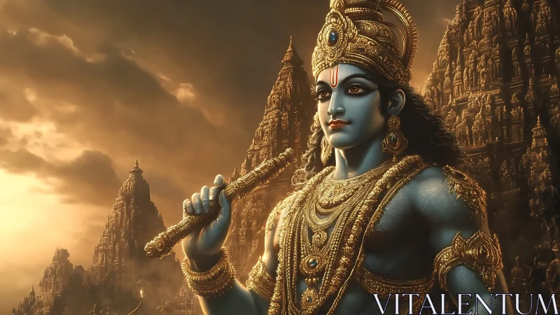 Divine blue deity with golden ornaments before ornate temples