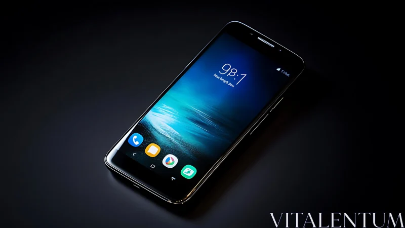 Sleek smartphone floating in soft midnight studio light.