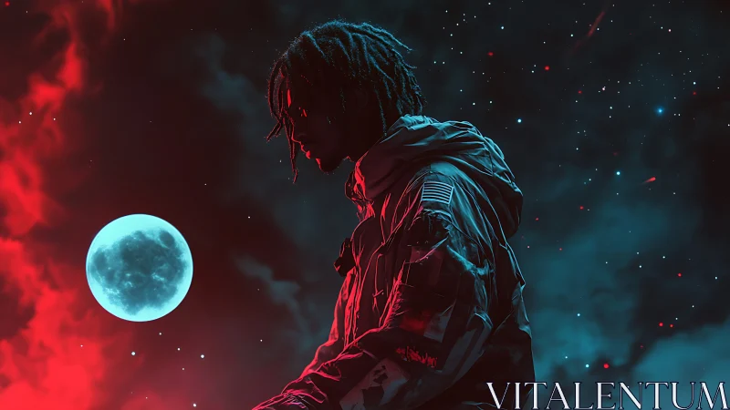 Solitary astronaut drifts beneath a neon moonlit cosmos