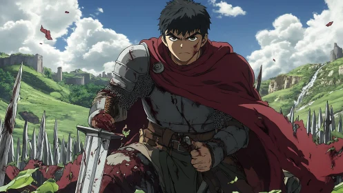 Battle-worn anime knight with scarlet cloak in green valley.