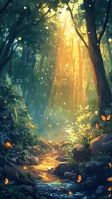 Forest pathway with luminescent particles and butterfly specimens.