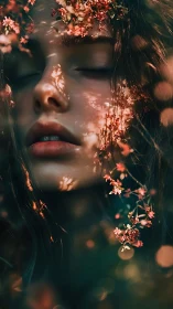 Woman’s face in soft floral shadows and warm bokeh glow.