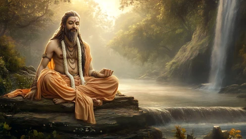 Golden morning calm surrounds a sage in peaceful meditation