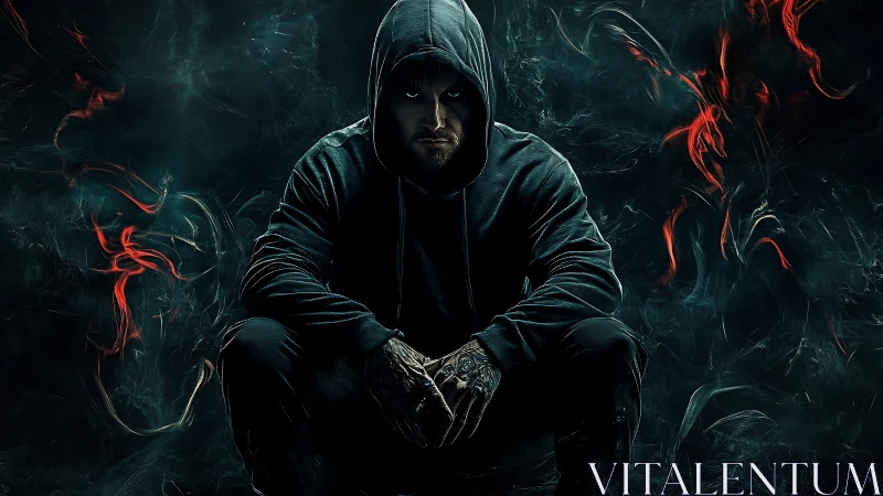 Hooded man crouching in dark smoky environment.