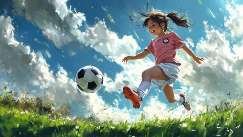 Young girl kicks soccer ball on bright grassy field.