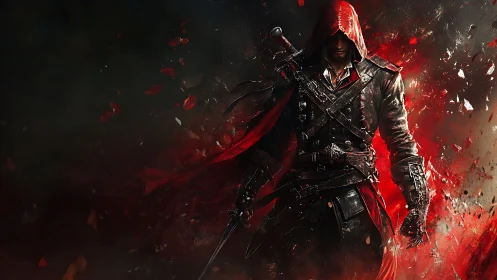 Hooded rogue strides through crimson shards and smoke