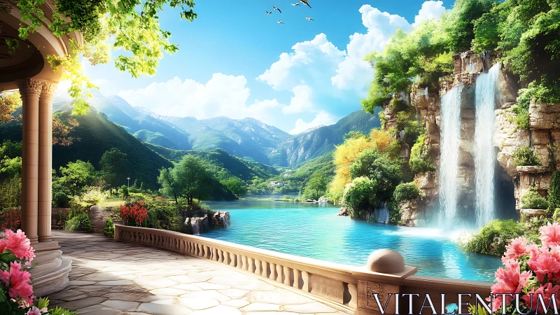 Sunlit neoclassical terrace overlooks turquoise waterfall bay