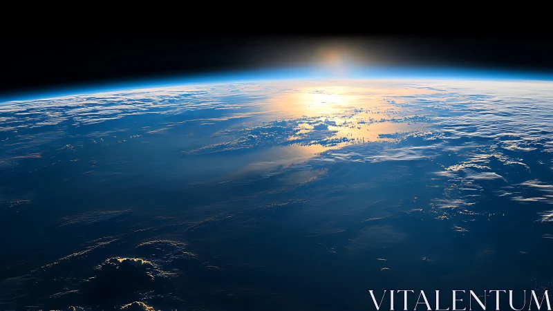 Orbital sunrise over Earth&rsquo;s glowing blue horizon.