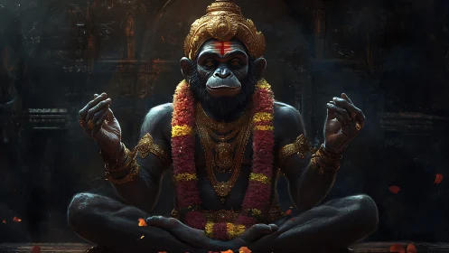 Divine monkey sage in lotus pose with gold ornaments