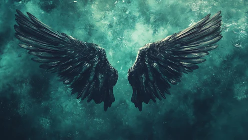 Digital painting of dark angel wings on teal textured void.