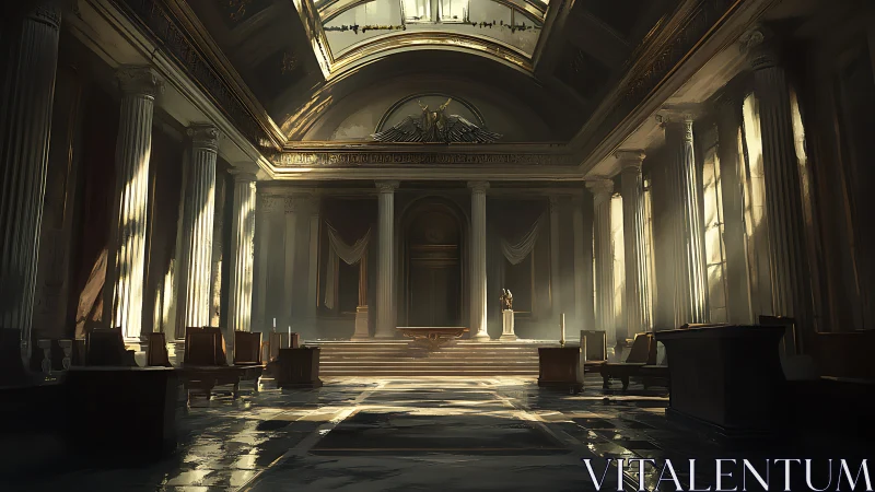 Cinematic neoclassical hall rendered in dramatic volumetric light