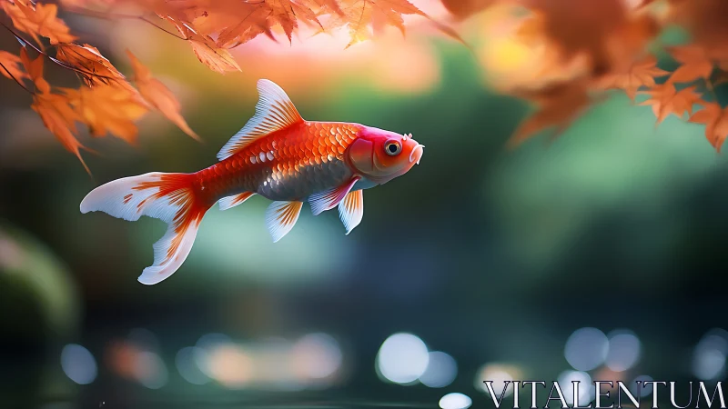 Autumn koi gliding through soft bokeh garden light.