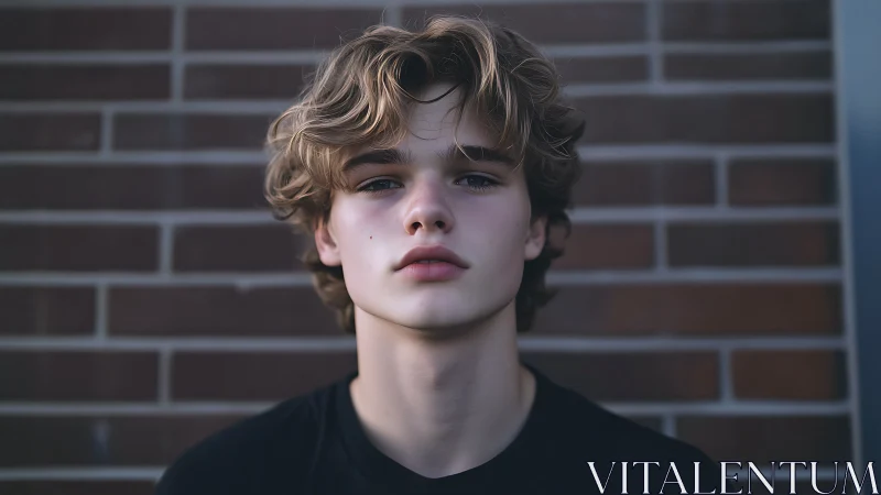 Shallow-depth portrait isolates youthful subject against brick wall
