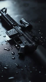 Photorealistic wet tactical rifle in dramatic low key lighting.
