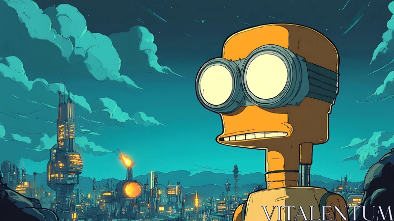 Rusty robot surveys glowing retro-futuristic cityscape.