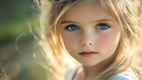 Young girl with striking blue eyes gazes through golden sunlight