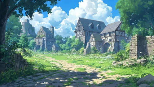 Lush medieval village ruins under bright summer sky.