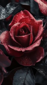 Crimson Rose with Raindrops in Elegant Solitude