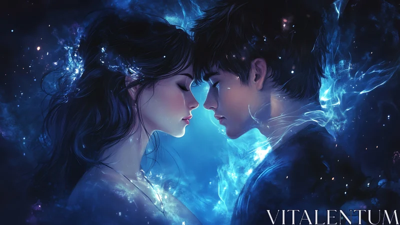 Two figures in profile with luminescent blue energy interaction