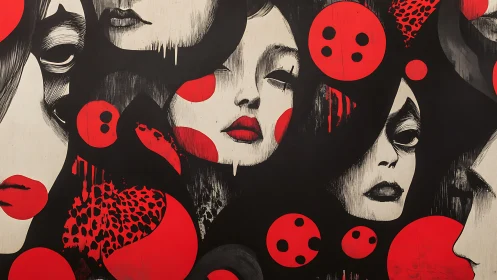 Surreal red orbs encircling monochrome female faces.