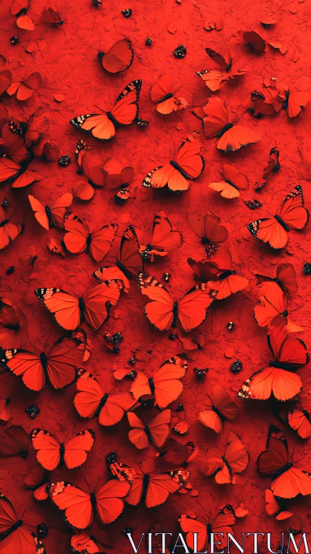 Radiant red butterflies drifting across a glowing scarlet sky.