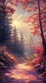 Forest pathway with deciduous trees during autumn season.