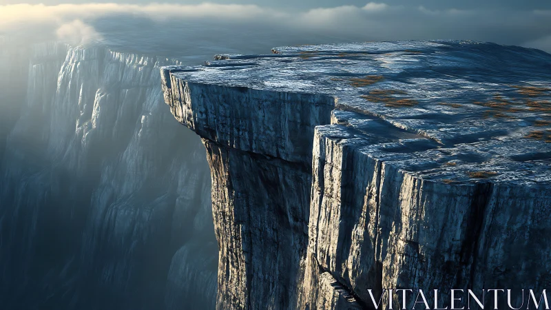 Sheer stone plateau above misty canyon in cold light.