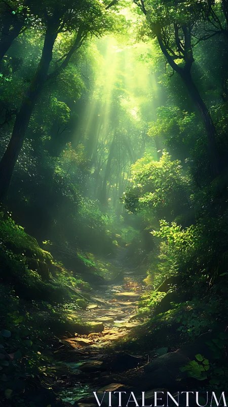 Forest path bathed in diffused sunlight through canopy