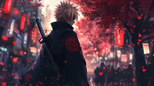 Lone anime swordsman walks through crimson city night