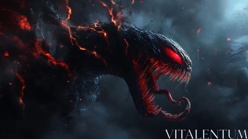 Demonic symbiote serpent erupts through stormlit inferno sky.