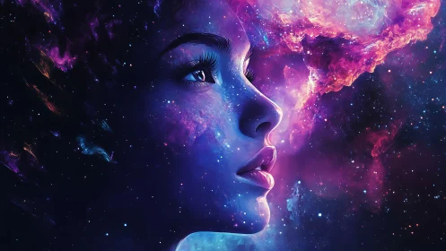 Female profile silhouette blended with glowing cosmic nebula.