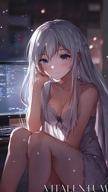 Silver haired anime girl seated by computer monitor at night.