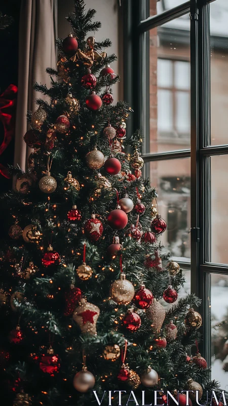 Christmas tree stands by window with dense red gold ornaments
