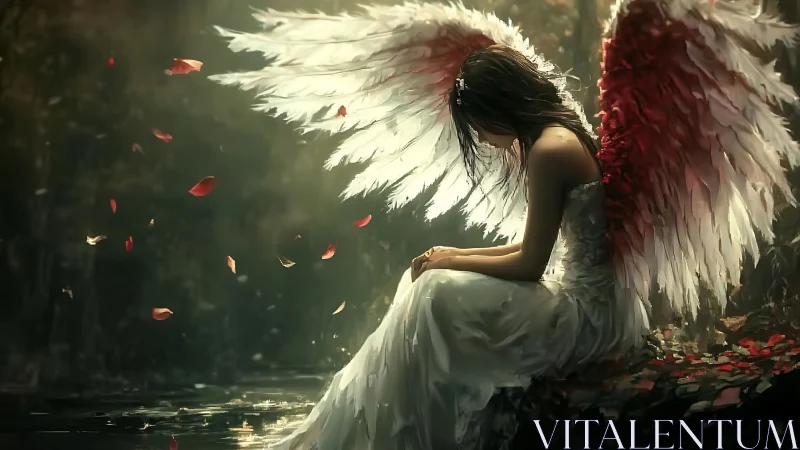 Melancholic angel rests by a forest pool amid drifting petals
