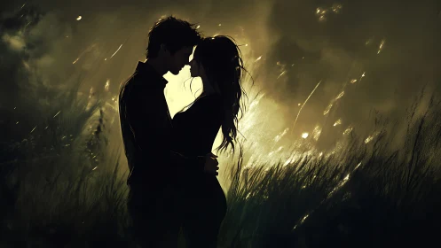 Silhouetted figures in backlighting with golden field atmosphere.