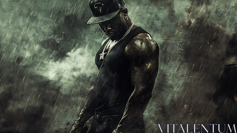 Storm-lit streetwear hero standing strong in the rain.