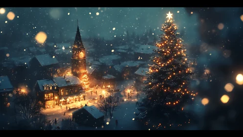 Snowfall-lit winter village with illuminated festive tree.