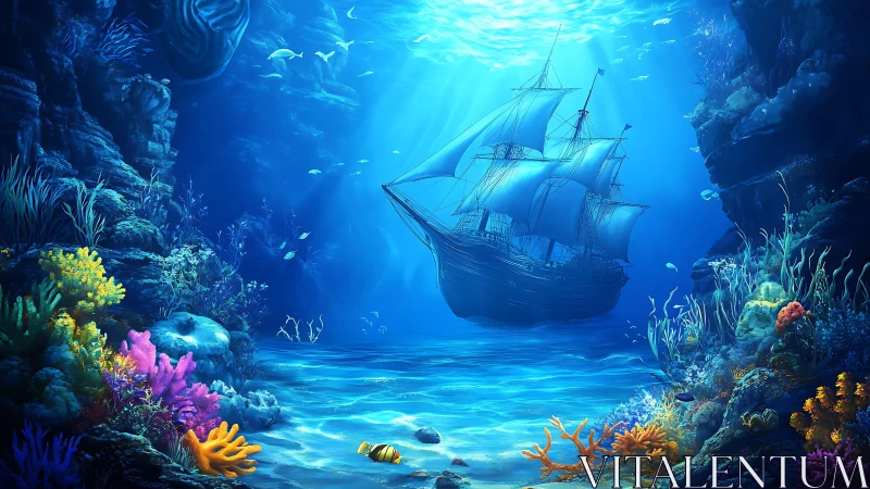 Sunken galleon drifting through a neon coral dreamscape.