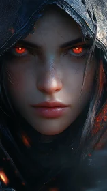 Hooded figure with glowing red eyes is rendered in close-up