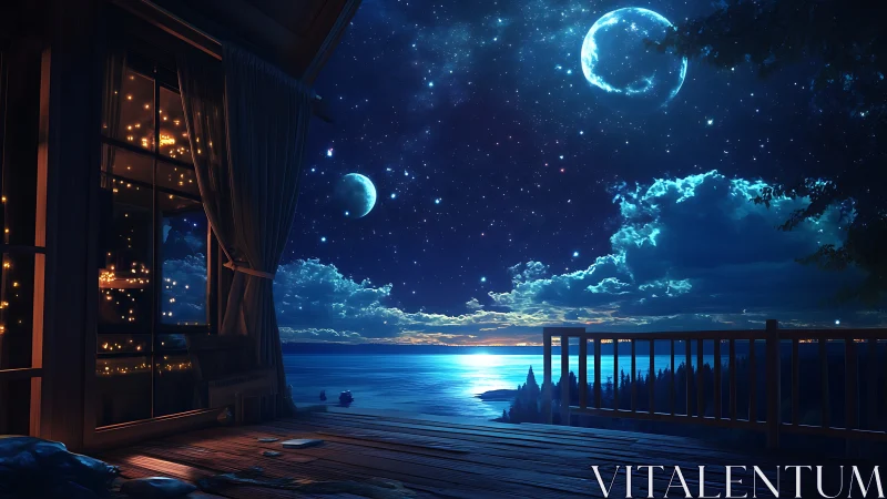 Lakeside cabin deck under dual moons and luminous starfield