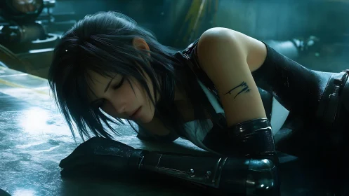 Cybernetic rogue resting in neon-dimmed industrial hush.