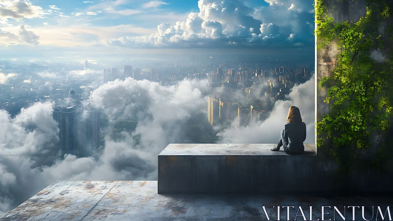Solitary figure overlooks cloud-laced futuristic cityscape calmly