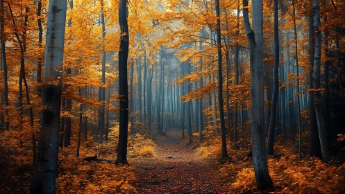 Forest pathway lined with tall trees displaying autumn foliage