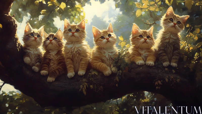 Six Golden Kittens Resting on a Sunlit Tree Branch.