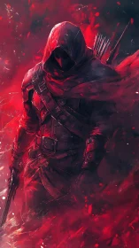 Hooded rogue strides through crimson flames in silence