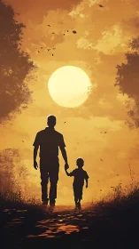 Sunlit path of father and child carved in amber dusk.