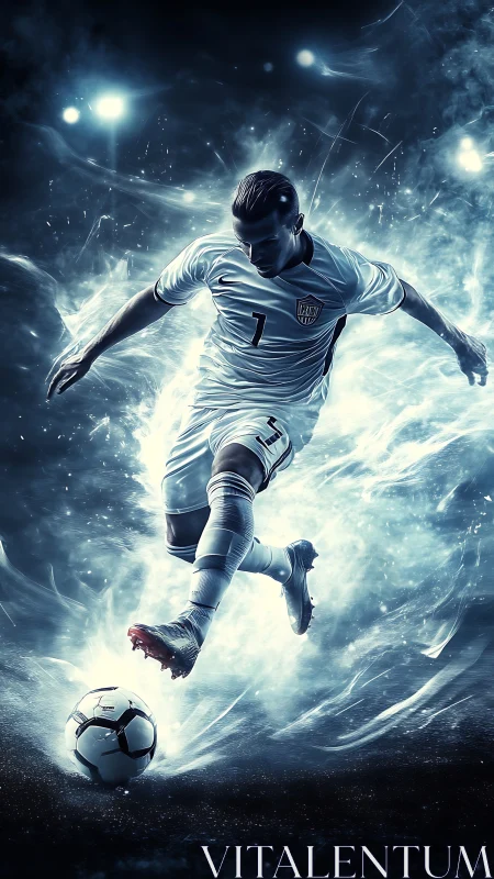 Electric soccer star racing through glowing stadium night.