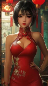 Lunar lantern muse in scarlet cheongsam splendor stands poised.
